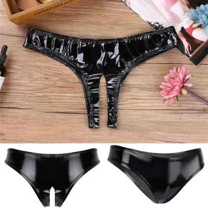 Glossy Crotchless Black Thong - Image 6