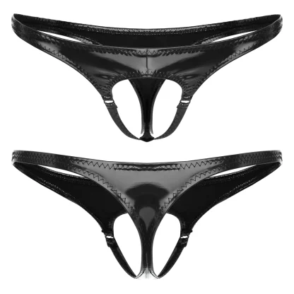 Glossy Faux Leather Black Thong - Image 10